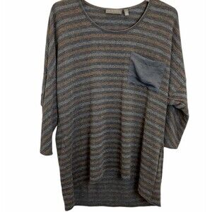 NY Knits Women's Size Small Tunic Striped Gray Gold Striped Shirt Blouse